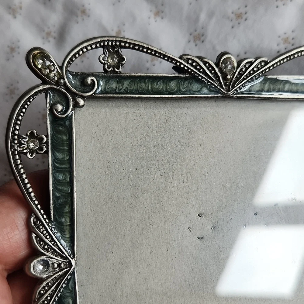 Vintage Green Enamel Ornate Rhinestone Elegant Square Photo Frame
